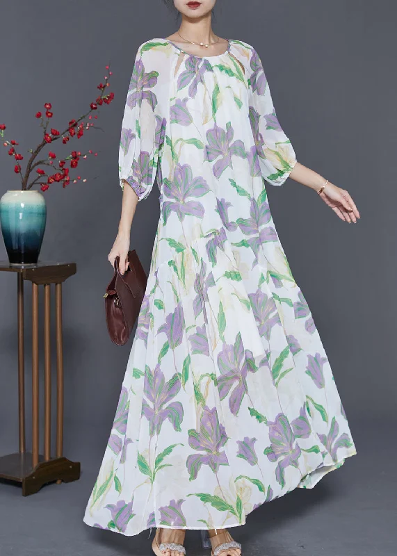 Modern White Tulip Print Chiffon Long Dress Summer