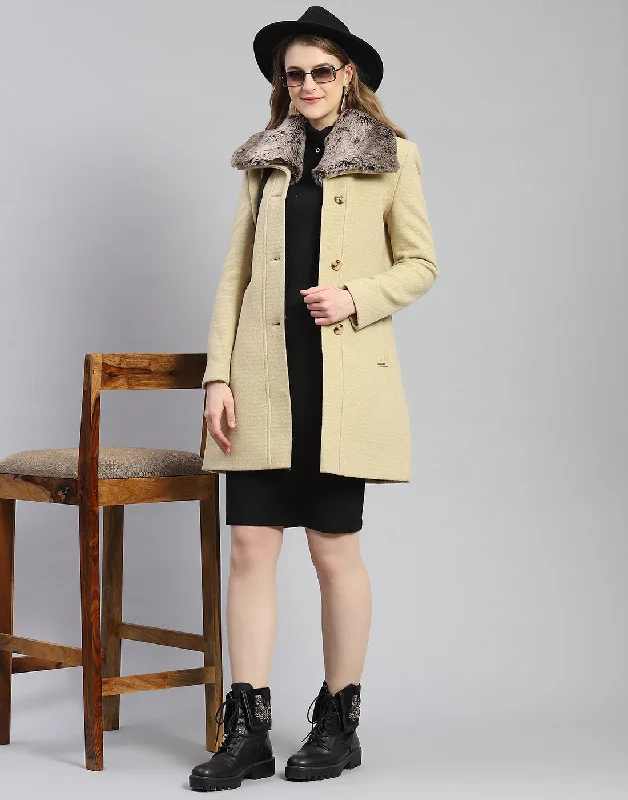 Women Beige Self Design Collar Full Sleeve Coat