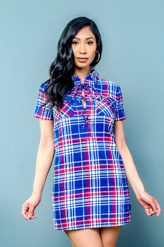 Plaid Mini Dress with Lace Up Collar and Front Flap Pockets (70015)