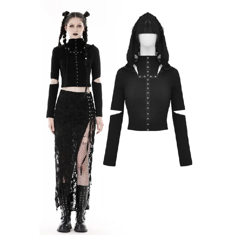 Women's Punk Cutout Eyelet Crop Top with Ripped Hood