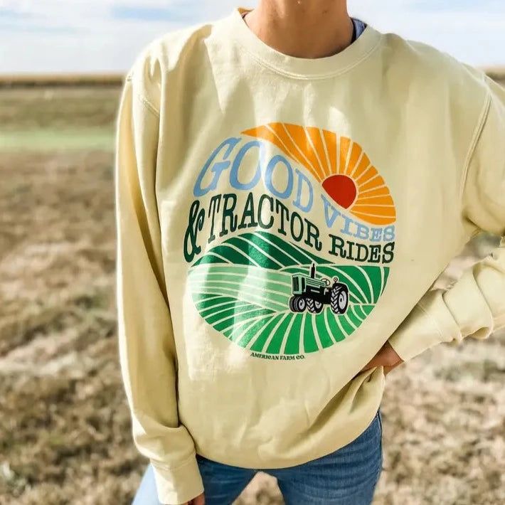 American Farm Co. "Good Vibes & Tractor Rides" Sweatshirt in Yellow