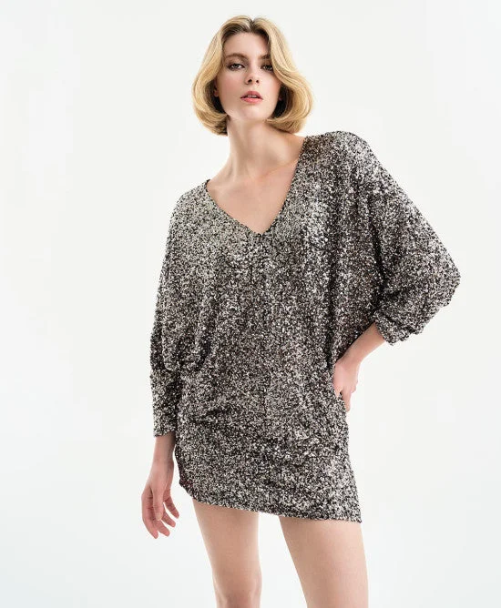 Access Fashion Silver Sequin Dress With V Neckline