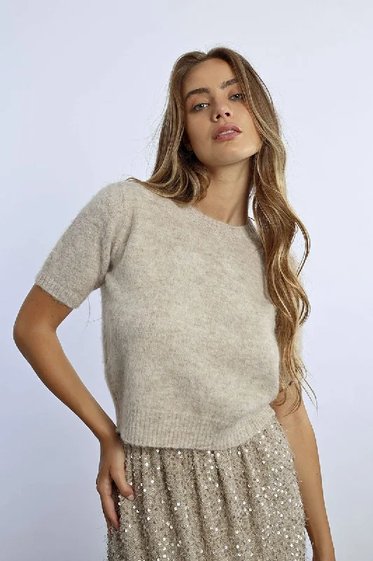 Lili Sidonio Beige Cropped T-Shirt Style Sweater