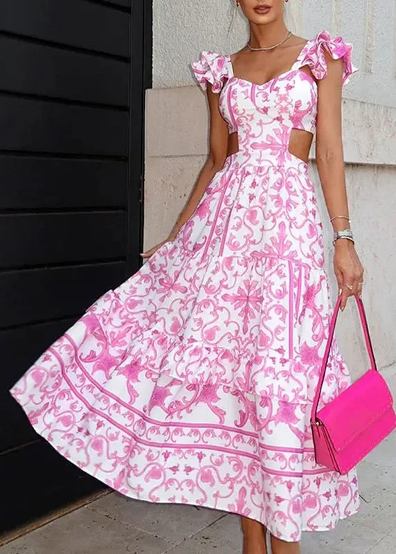 Beautiful Pink Ruffled Hollow Out Backless Print Dresses Summer