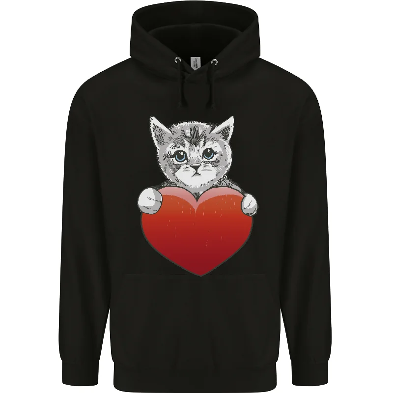 A Cute Cat With a Heart Love Valentines Day Mens 80% Cotton Hoodie