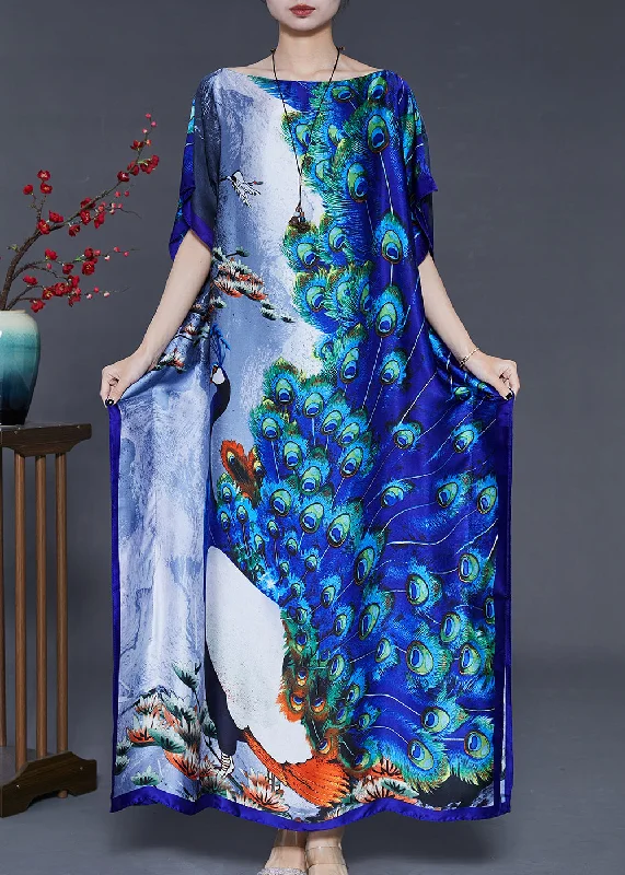 Art Peacock Blue Print Silk Holiday Dress Batwing Sleeve