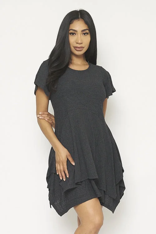 1/2 Sleeve Round Neck Sharkbite Hemline Swing Dress (15366)