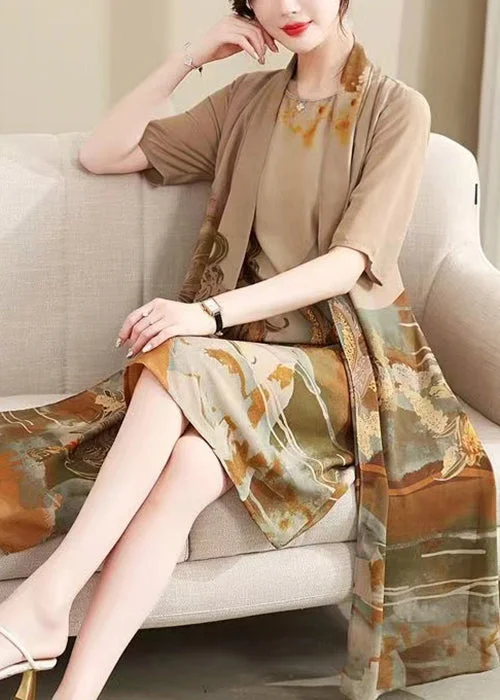 New Khaki Print False Two Pieces Chiffon Dress Summer