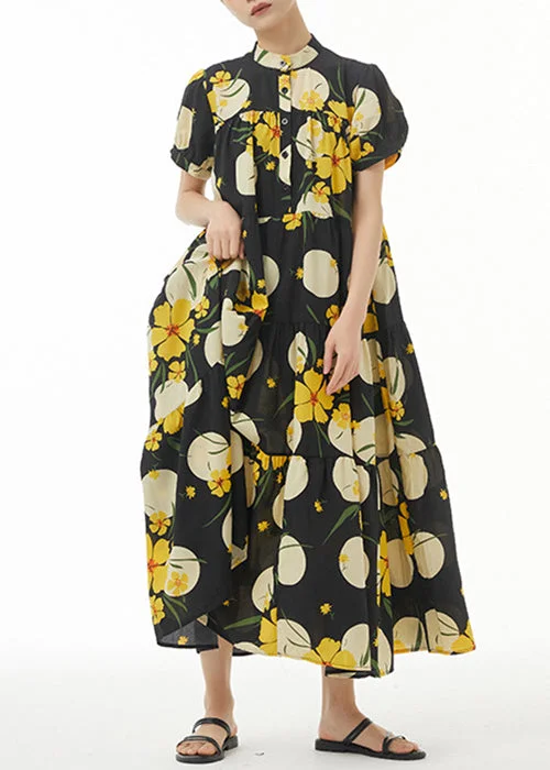 Yellow Print Loose Cotton Dress Stand Collar Summer