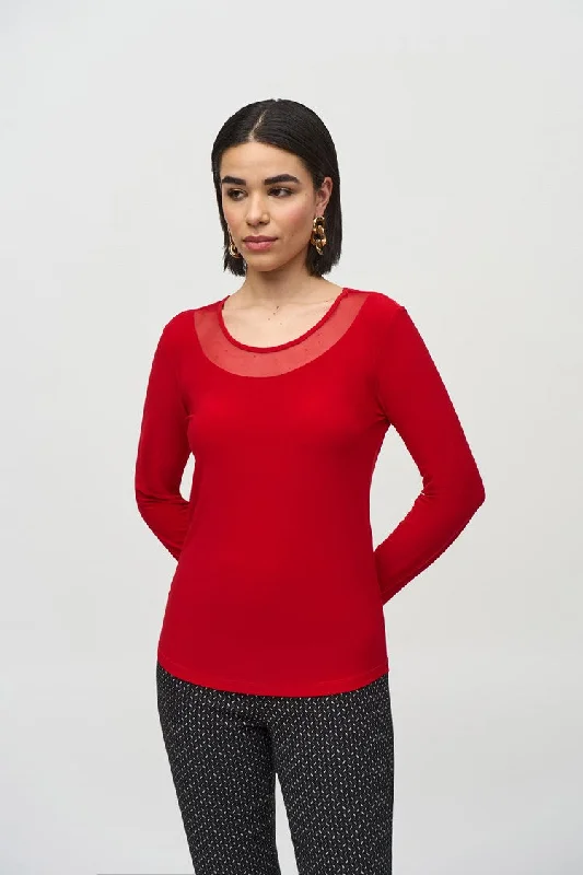 Joseph Ribkoff Lipstick Red Silky Knit and Mesh Fitted Top