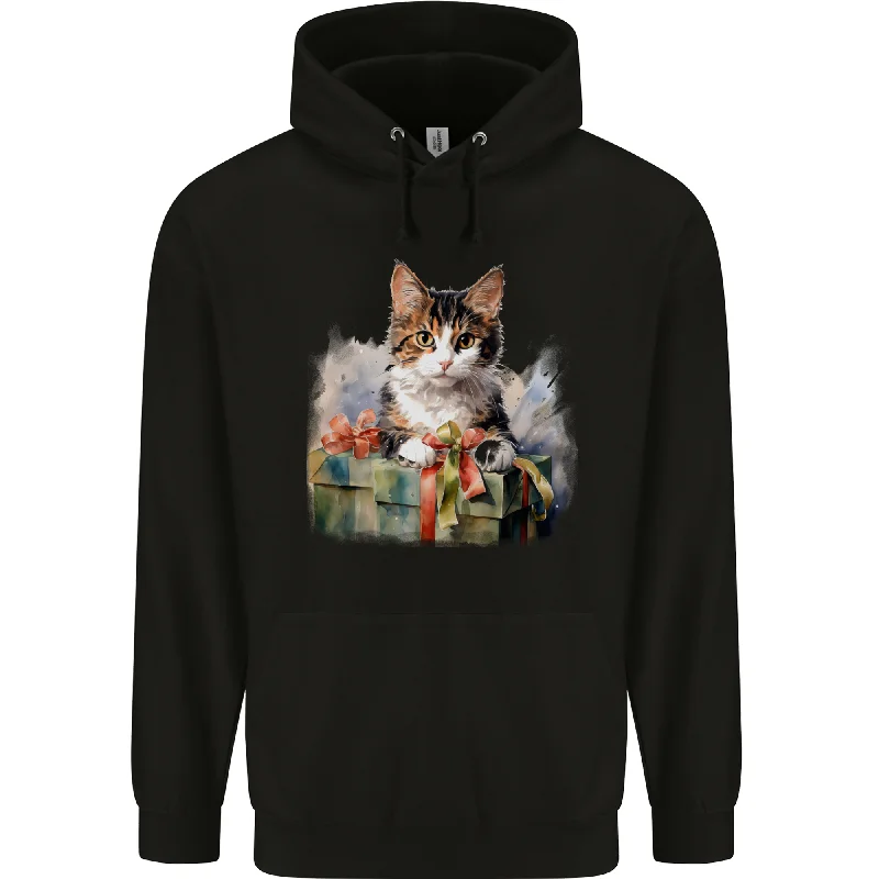 A Cute Cat With a Present Christmas Xmas Mens 80% Cotton Hoodie