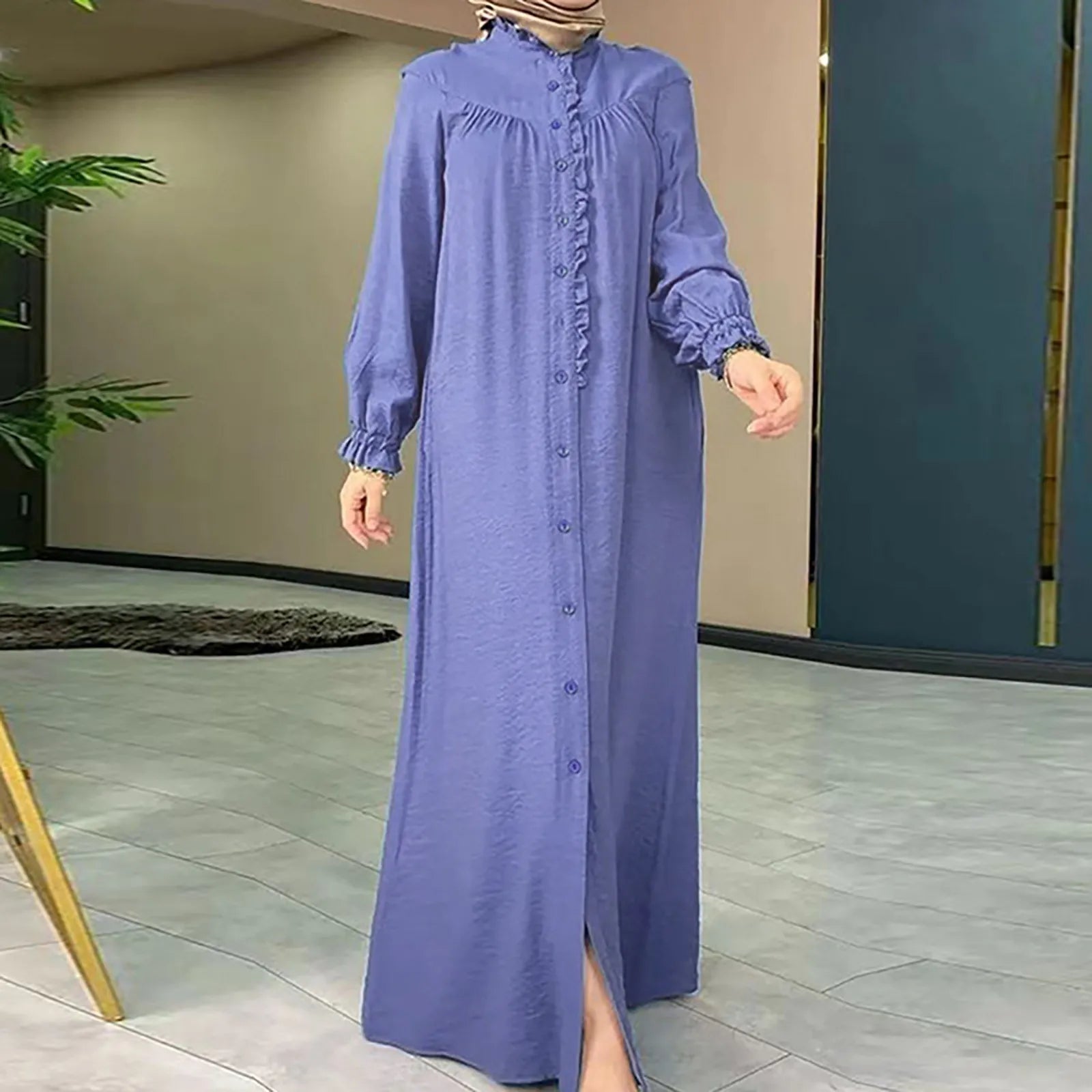 JuliaFashion - Muslim Abayas 2024 Casual Spring Summer Women Vintage Arabic Girl's Wear Lantern Sleeve Ankle-Length Robe Ramadan Dress