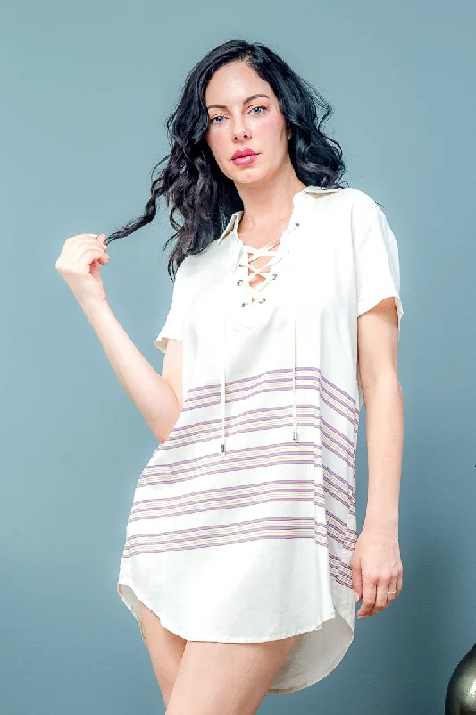 Tunic Dress with Lace Up Collar, Rounded Hem and Purple & Gold Stripes (15683)