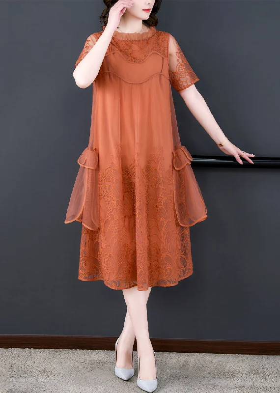 Loose Orange Ruffled Embroidered Tulle Dress Summer