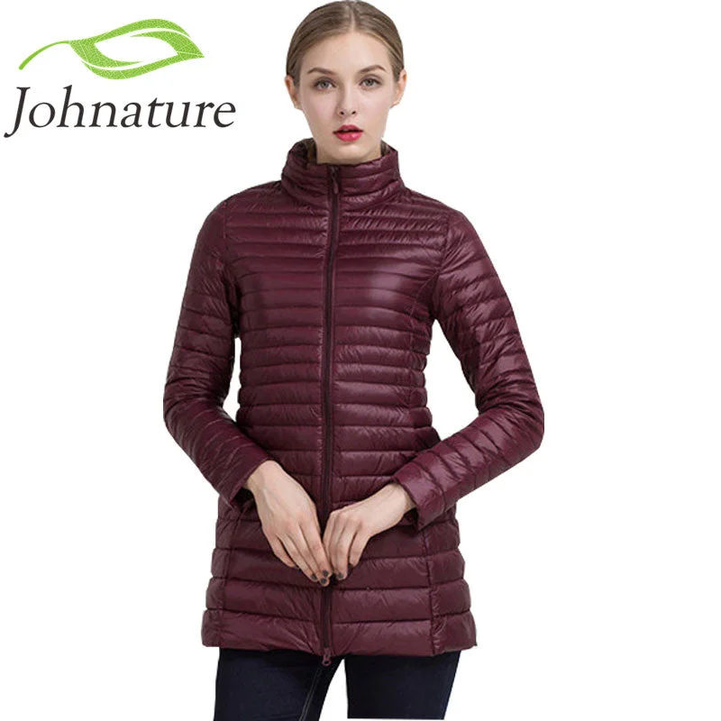 Johnature 2018 Winter Warm New Women Long Thin Down Jacket Slim Korean Stand Collar White Duck Down Zipper Long Coat S-4XL