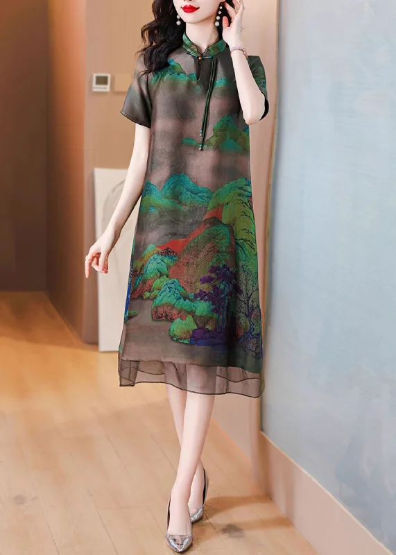 Loose Dark Gray Stand Collar Button Print Silk Dress Summer