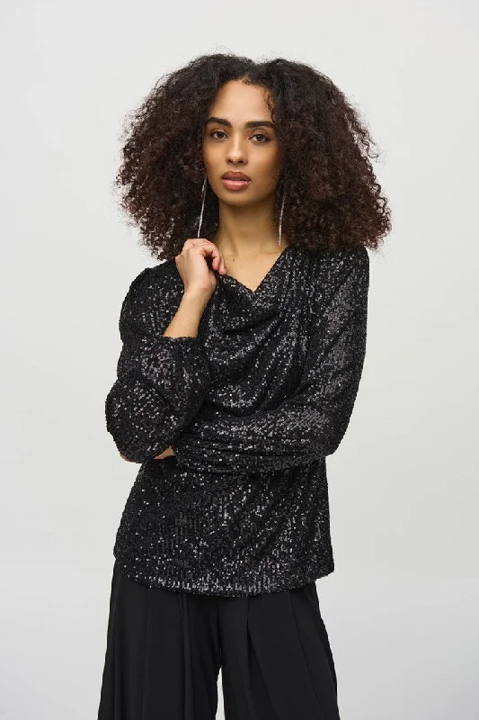 Joseph Ribkoff Black Sequined Cowl Neck Top