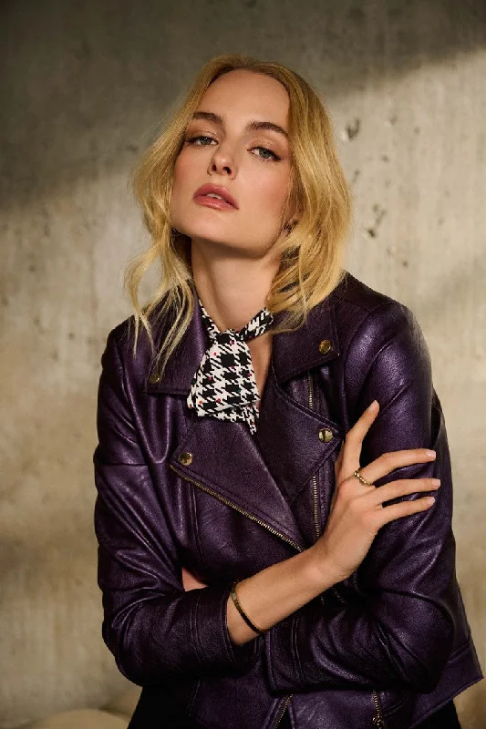 Joseph Ribkoff Metallic Blackcurrant Faux Leather Biker Jacket