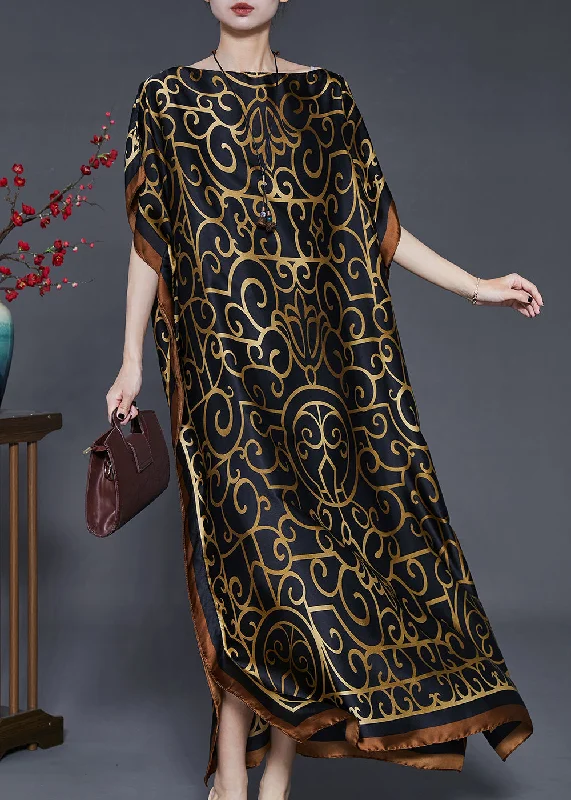 French Black Oversized Print Silk Beach Dress Summer