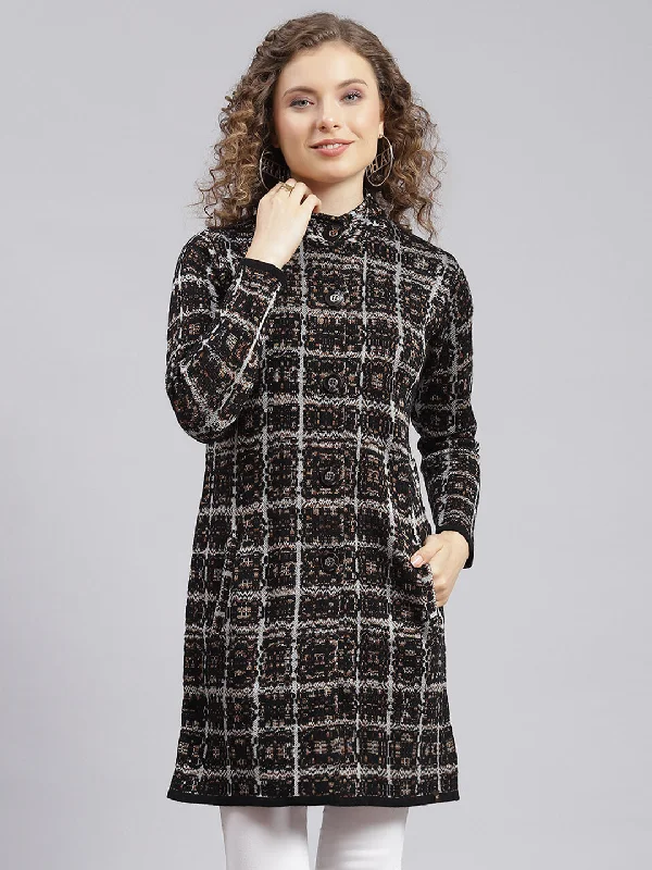 Women Black Jaquard Wool blend Knitted Coat