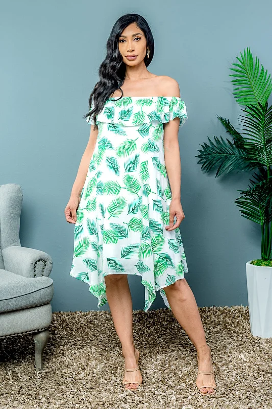 Tropical Print Full Lining Elastic Neckline Swing Dress With Shark-bite Hemline (KD5972EY)