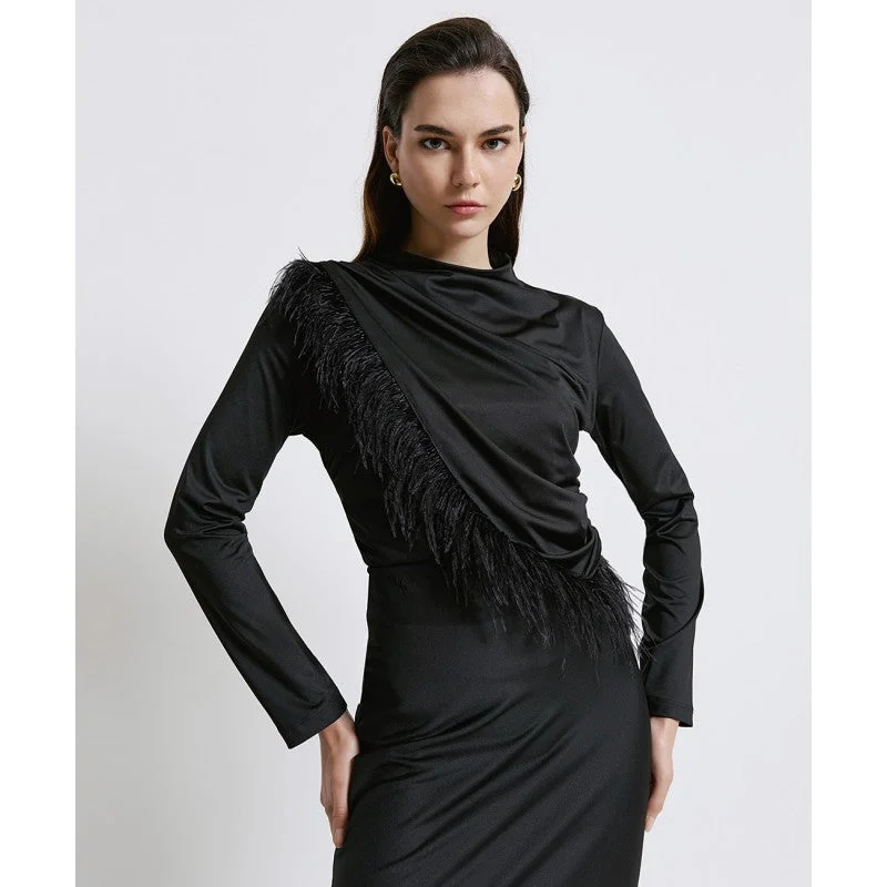 Acscess Fashion Black Feather Detail Top