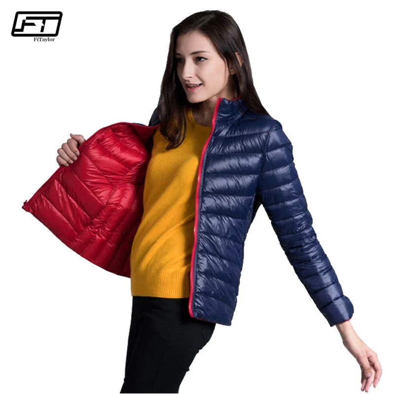 Fitaylor New Winter Women Down Jacket Ultra Light 90% White Duck Down Double Side Coats Short Design Slim Warm Parkas