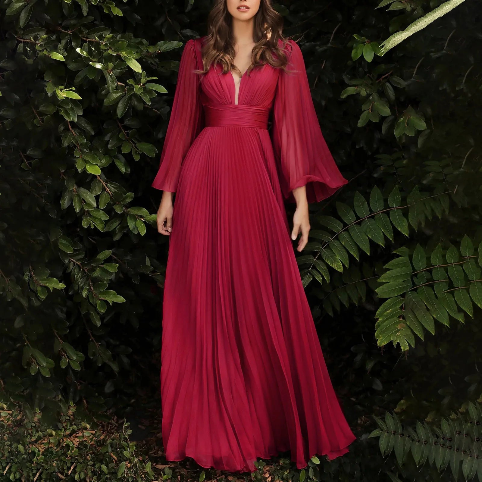 JuliaFashion - Elegant Solid Color Deep V Flare Long Sleeve Maxi Chic Evening Party Dress