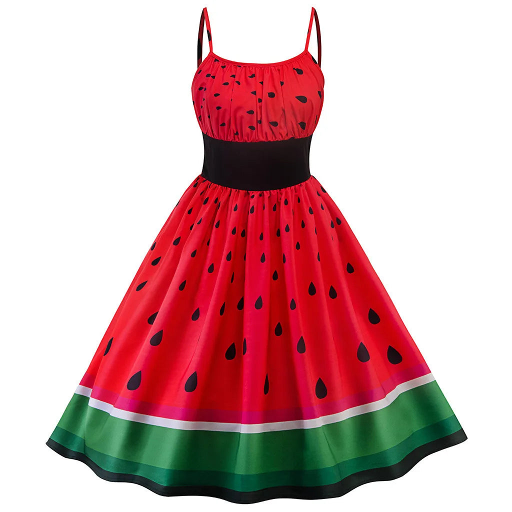 JuliaFashion - Elegant Women Sling Party Cocktail Prom Watermelon Print Big Swing High Waist Spaghetti Strap Fashion Casual Dress