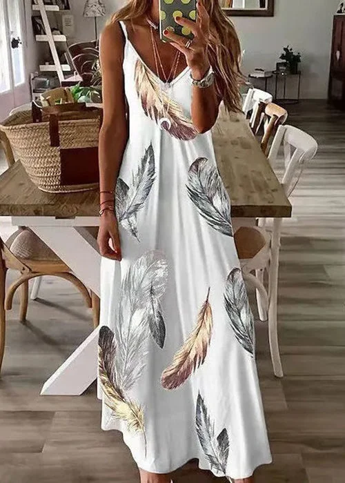 Women Feather Print V Neck Cotton Long Dresses Sleeveless