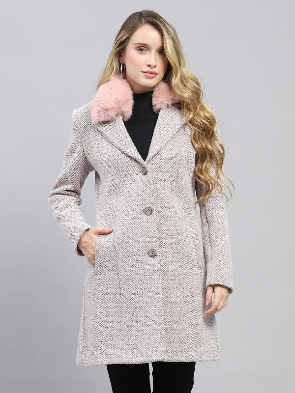 Women Pink Self Design Collar Full Sleeve Coat