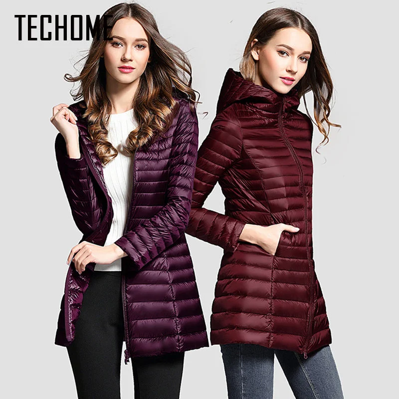 Long Down Jacket Women Winter Down Coats Ultra Light Down Jacket Quilted Hooded Coat Women Duck Downs Jacket Coat