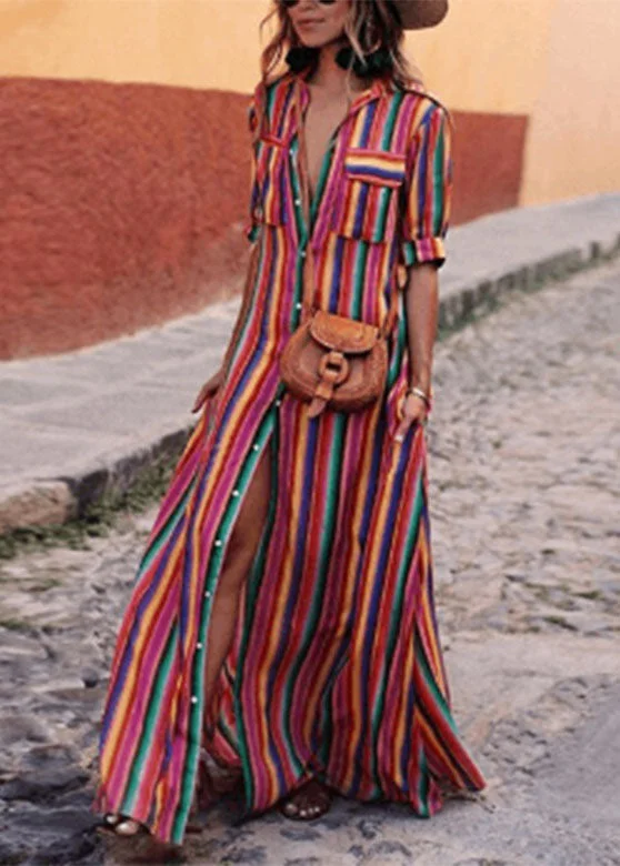 Fashion Rainbow Striped Button Tie Waist Maxi Shirts Dresses Summer