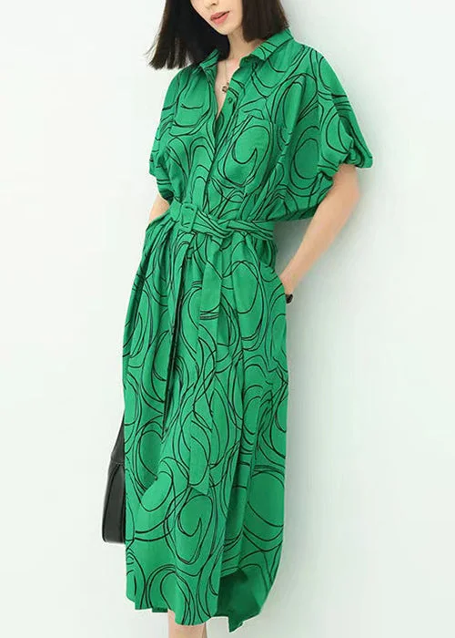 French Green Print Tie Waist Cotton Shirts Dresses Summer