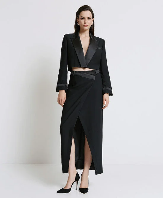 Access Fashion Long Black Skirt With Asymmetric Satin Waist