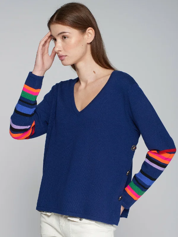 Vilagallo V Neck Navy/Blue Sweater With Multicolored Stripes On Sleeve