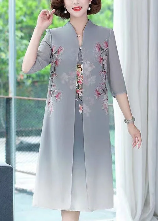 New Grey Print False Two Pieces Chiffon Dress Summer