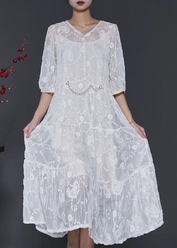 White Silk Maxi Dress V Neck Embroidered Half Sleeve