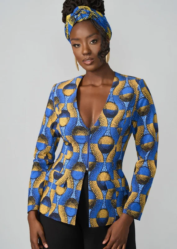 Fafa Women's African Print Stretch Zip-Up Blazer (Blue Gold Circles)